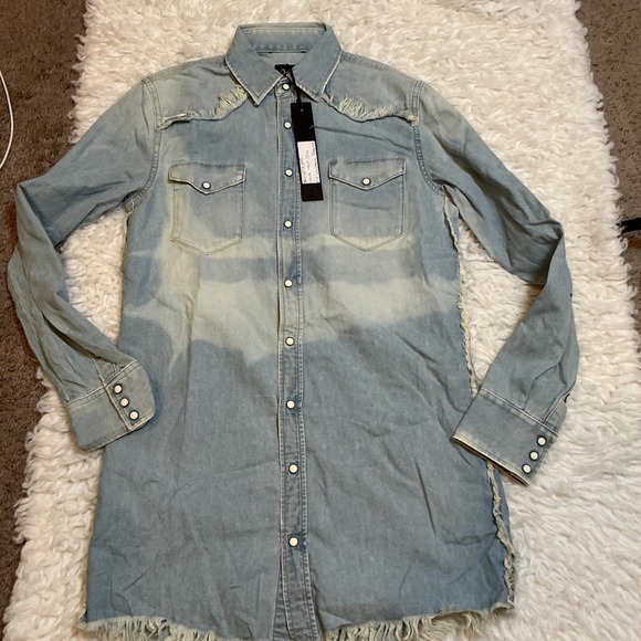 D-ID Denim Island Western Shirt Dress Small Blue New Distressed Pearl Snap Tunic - Picture 11 of 11